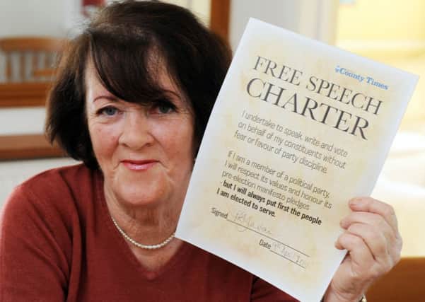 Free Speech Charter signed by Tricia Youtan, Conservative, Itchingfield/Slinfold/Warnham HDC back in 2014 -photo by Steve Cobb SUS-140904-110823001
