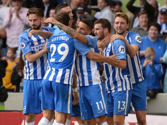 Brighton celebrate their second goal against West Brom on Saturday. Picture by Phil Westlake (PW Sporting Photography)