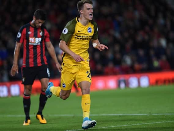 Solly March celebrates after giving Brighton & Hove Albion the lead against Bournemouth at the Vitality Stadium. Picture by PW Sporting Pics.