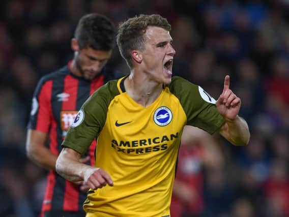 Solly March celebrates giving Albion the lead at Bournemouth. Picture by Phil Westlake (PW Sporting Photography)