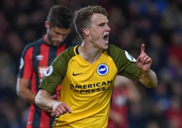 Solly March celebrates giving Albion the lead at Bournemouth. Picture by Phil Westlake (PW Sporting Photography)