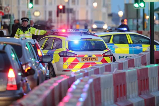 The A259 in Brighton is closed after a serious collision. Images show a police car with a smashed windscreen. Picture: Eddie Mitchell