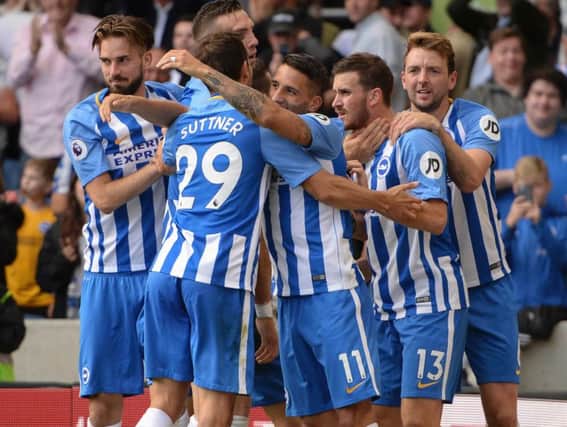 Brighton celebrate a goal against West Brom. Picture by Phil Westlake (PW Sporting Photography)