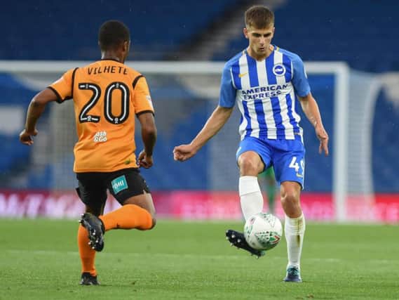 Jayson Molumby in action against Barnet in the Carabao Cup first round. Picture by Phil Westlake (PW Sporting Photography)