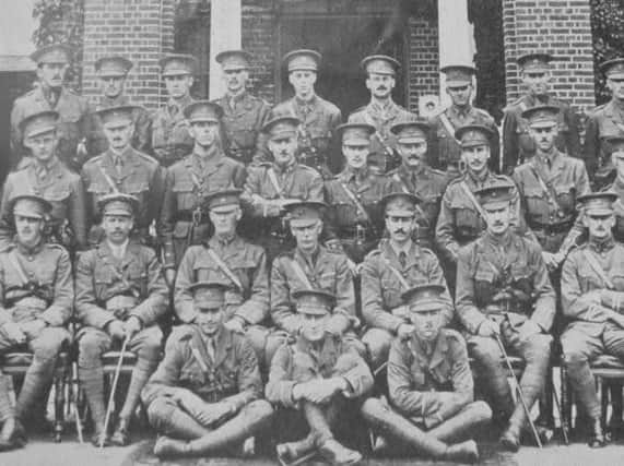 The 1st Battalion, Hampshire Regiment. Ringmer cricketer Captain Edward Le Marchant is on the extreme right of the top row. He was killed on the Somme in 1916.