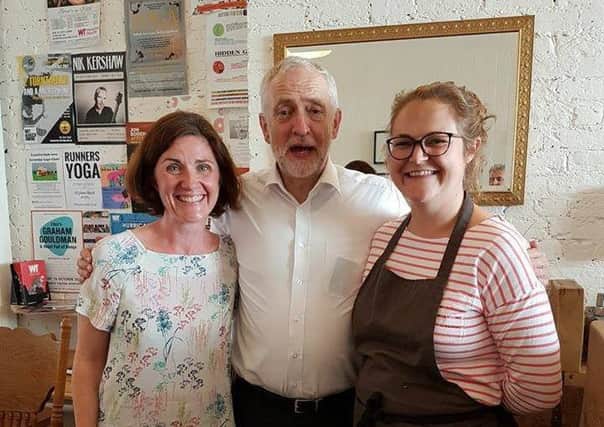 Labour councillor Dr Beccy Cooper with Jeremy Corbyn and owner of Baked Lauren Roffey