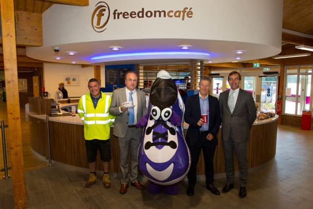 (From L to R) L to R  Dave Flack, from LST construction company, Cllr Clayden, Freedoms mascot Gym Trainer, Ivan Horsfall-Turner, MD of Freedom Leisure and Graham Clarkson, from the Clarkson Alliance