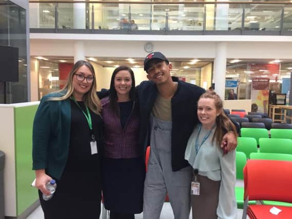 Jordan Stephens from Rizzle Kicks with Legal and General colleagues Hannah Egan, Shannon Lee and Lucy Pearce