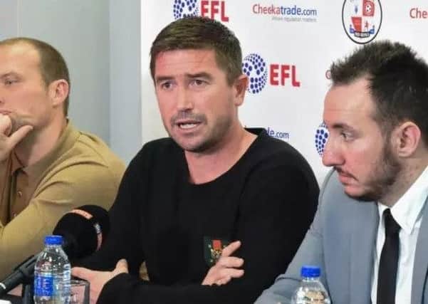 Head coach Harry Kewell, middle, at his first Crawley Town press conference with assistant Warren Feeney, left, and director of football Selim Gaygusuz.
Picture by PW Sporting Photography.