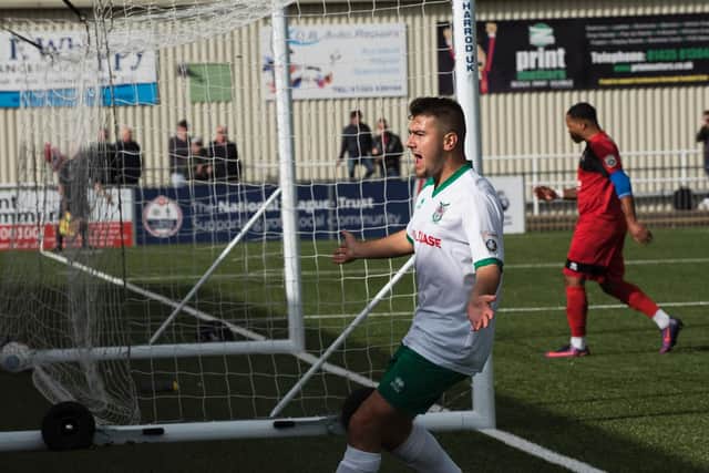Ollie Pearce celebrates his first goal at Eastbourne / Picture by Tommy McMillan