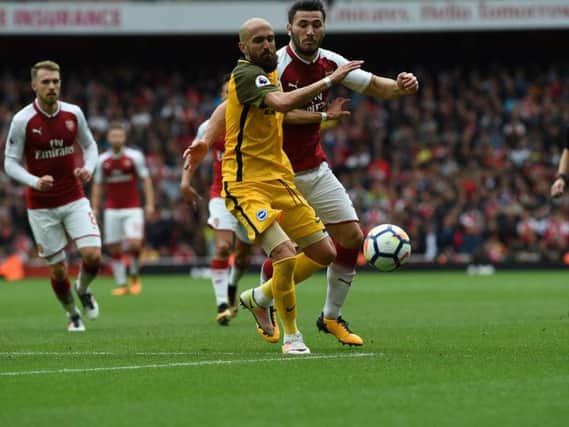 Bruno battles for the ball during Albion's defeat at Arsenal. Picture by Phil Westlake (PW Sporting Photography)