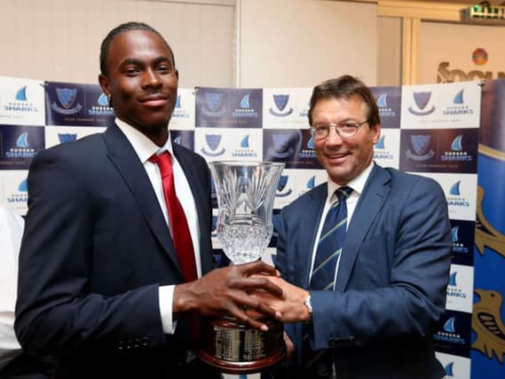 Jofra Archer, pictured with Rob Andrew, picks up one of his two awards