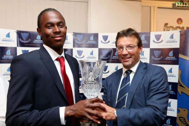 Jofra Archer, pictured with Rob Andrew, picks up one of his two awards