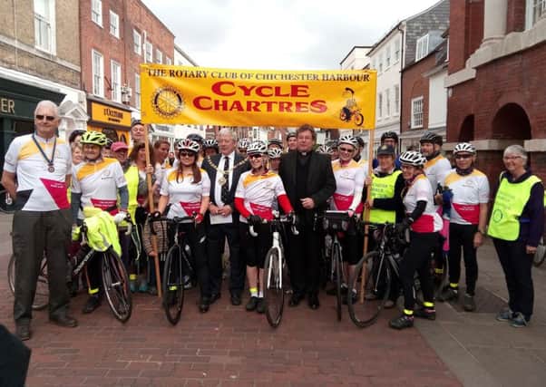 Chichester Harbour Rotary Club president Ken Holmes, the Very Rev Stephen Waine, Dean of Chichester, and Chichester mayor Peter Budge set the cyclists on their way for this year's event in April