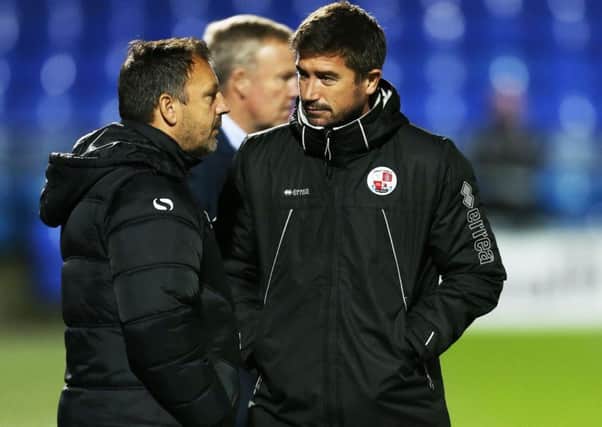 Robbie Blake and Crawley boss Harry Kewell. Pompey 3 Crawley Town 1. Checkatrade Trophy. Fratton Park. Tuesday, October 3, 2017. Picture: Joe Pepler PPP-170410-104701001