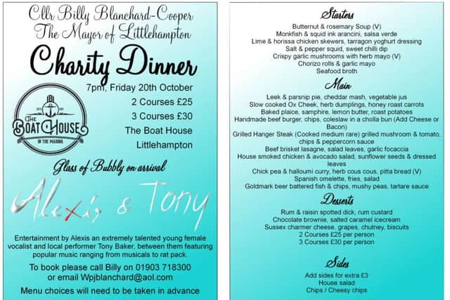 The flyer and menu for Billy's upcoming charity meal at The Boat House