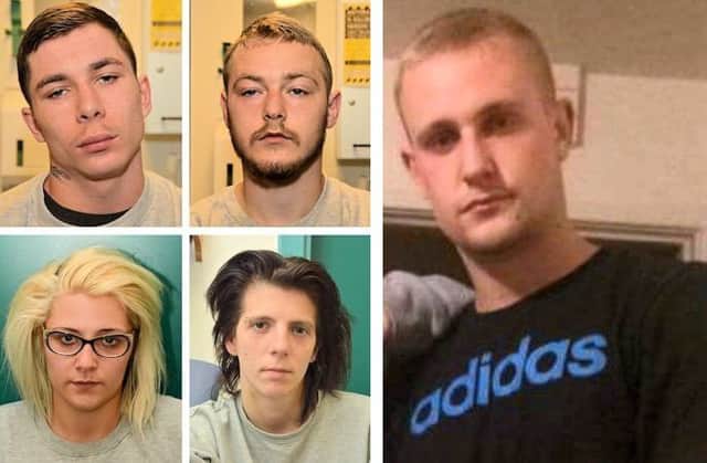 Defendants in the case: Macauley Lawless, 22, (top left), John Mitchell, 21 (top right), Jessica Roberts, 25 (bottom right) and Leah Delgado, 24, (bottom left). Also pictured: slain Samuel Caufield (right)