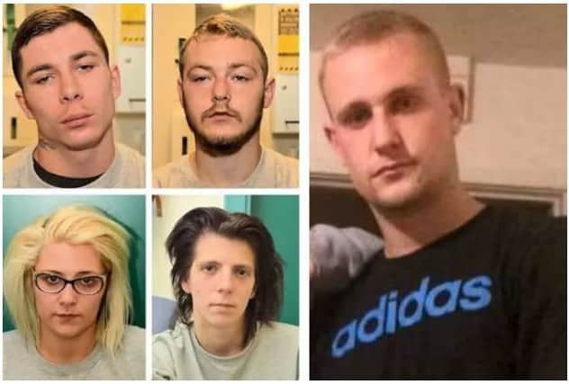 Defendants in the case: Macauley Lawless, 22, (top left), John Mitchell, 21, (top right), Jessica Roberts, 25, (bottom right) and Leah Delgado, 24, (bottom left). Also pictured: the victim Samuel Caufield (right)