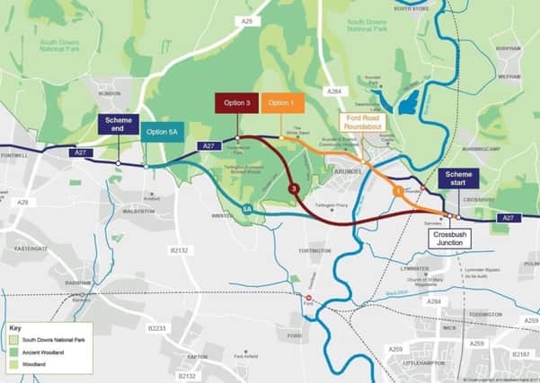 The three routes for possible A27 improvement at Arundel. Picture: Highways England