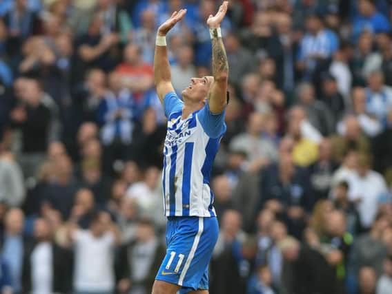 Anthony Knockaert celebrates after scoring against Everton. Picture by Phil Westlake (PW Sporting Photography)