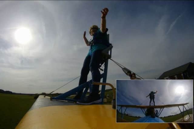 Shirley soared into the sky stood on a plane's wings to raise funds for St Wilfrid's Hospice SUS-171017-152428001