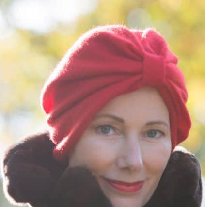 Author Lucy O'Donnell wearing one of the Chemo Headwear designs which she inspired