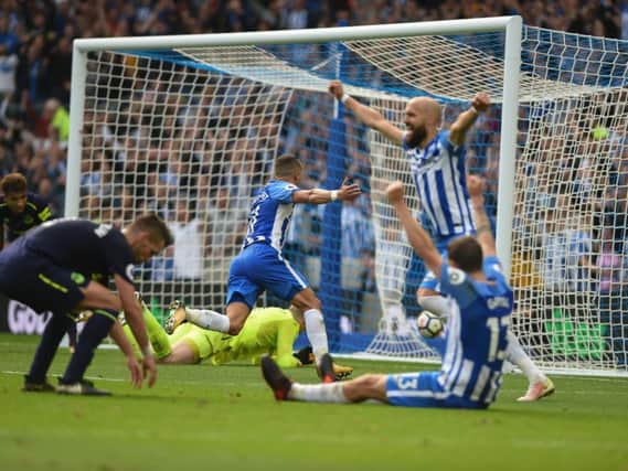 Anthony Knockaert scores for Albion against Everton. Picture by Phil Westlake (PW Sporting Photography)