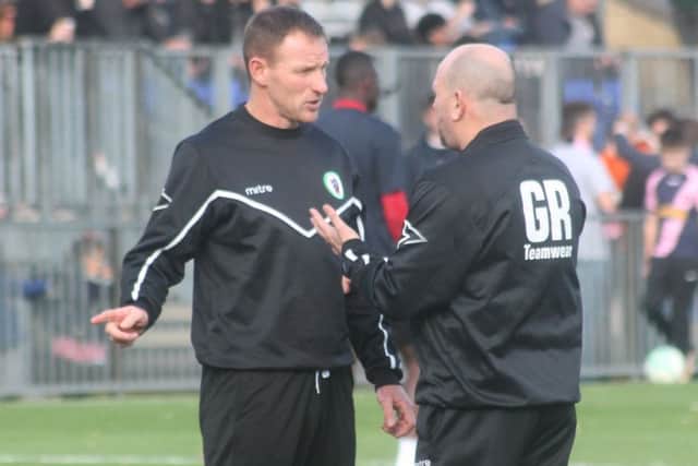 Burgess Hill Town manager Ian Chapman and assistant Stuart Tuck in deep conversation pre-game at Dulwich Hamlet. Picture by Colin Bowman SUS-171023-111536002