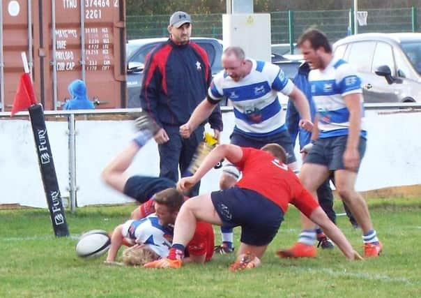 Harry Walker touches down for his second try during Hastings & Bexhill Rugby Club's defeat away to Aylesford Bulls. Picture courtesy Peter Knight