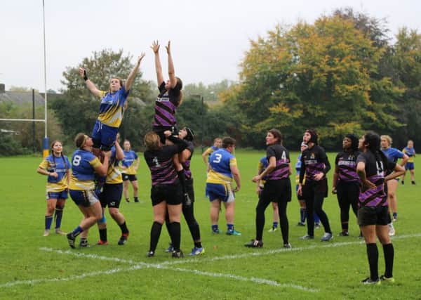 The University of Chichester's women's rugby team on their way to beating LSE / Picture by John Geeson