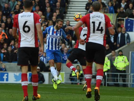 Glenn Murray heads home Albion's equaliser. Picture by Phil Westlake (PW Sporting Photography)
