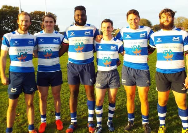 Hastings & Bexhill Rugby Club's six tryscorers in the 83-14 win at home to Sheppey - Tom Waring, Tim Sills, Calvin Crosby-Clarke, Eliot Parry, Ben Petty and Tom Vincent. Picture courtesy Peter Knight