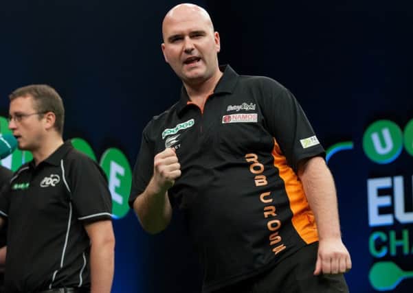 Rob Cross celebrates landing a leg-clinching double at the Unibet European Championship. Picture courtesy Kelly Deckers