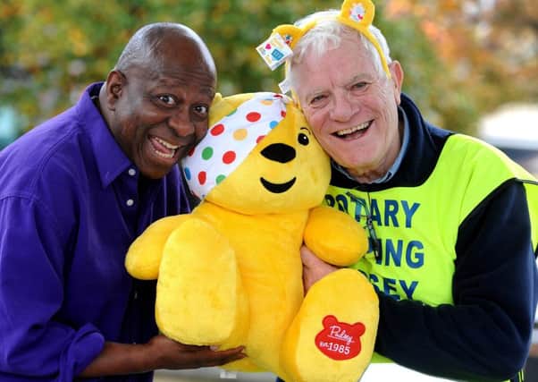 Pudsey and friends at Horsham. Dave Benson Phillips with Brian Little from Horsham Rotary.  Pic Steve Robards SR1725665 SUS-171030-090851001