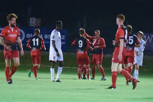Hassocks celebrate their goal. Picture by PW Sporting Photography