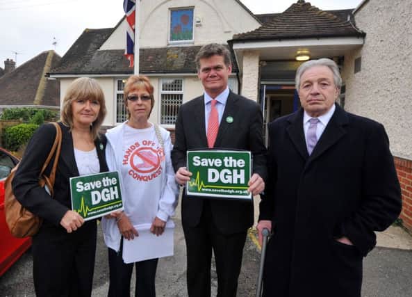 Campaigners for Hands Off the Conquest and Save The DGH outside the Royal British Legion, Little Common, in 2012.  Liz Walke, Stephen Lloyd MP, Cllr Mike Turner and Margaret Williams