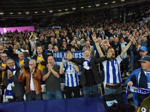 Albion fans celebrate the 3-0 win at the London Stadium against West Ham last month. Picture by Phil Westlake (PW Sporting Photography)