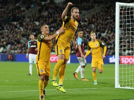 Glenn Murray celebrates his second goal at West Ham last month. Picture by Phil Westlake (PW Sporting Photography)