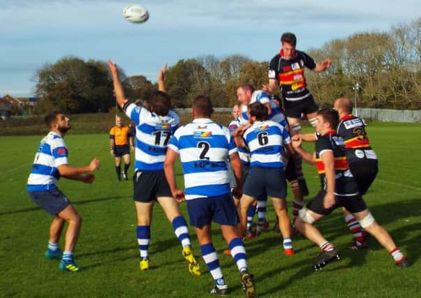 Action from Hastings & Bexhill Rugby Club's 83-14 victory at home to Sheppey. Picture courtesy Peter Knight