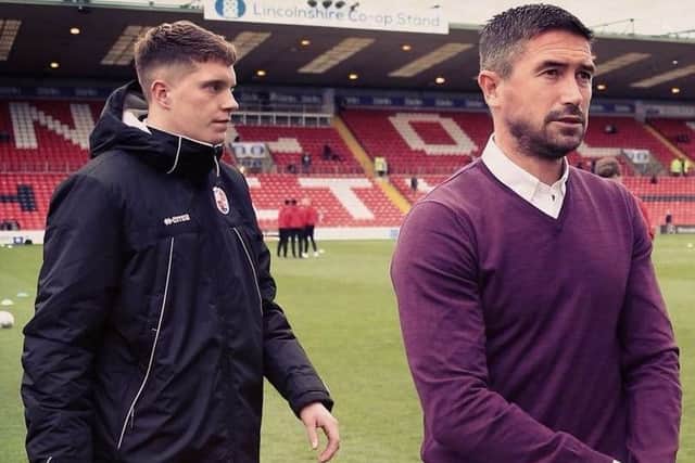 Pictured at Lincoln media man Alex Stedman with Reds boss Harry Kewell. SUS-171030-193555002