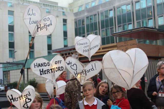'Hands off Hertford': Children protesting against their school's intake being reduced