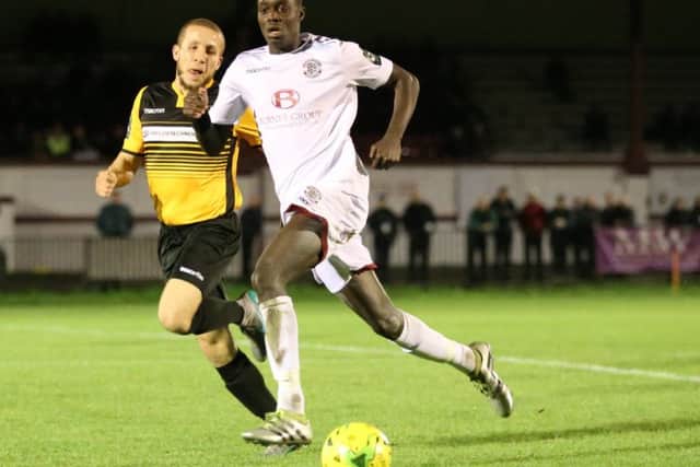 Ansu Janneh gets in front of a Cray Wanderers opponent. Picture courtesy Scott White