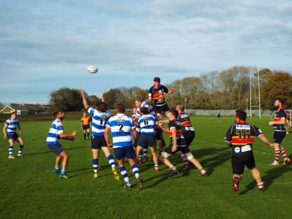 Action from Hastings & Bexhill Rugby Club's 83-14 victory at home to Sheppey in their last outing a fortnight ago. Picture courtesy Peter Knight