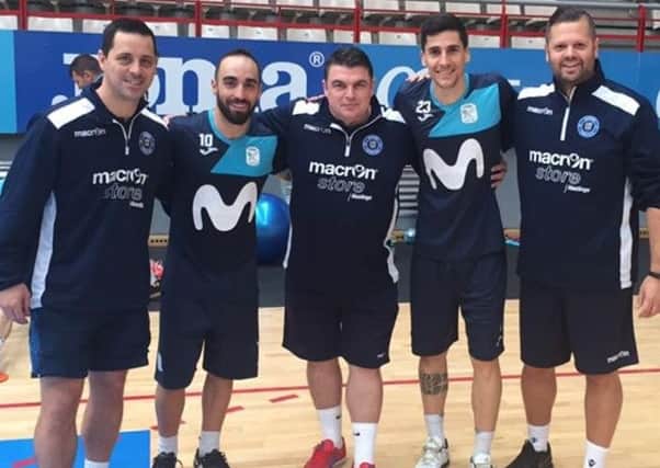 Sussex Futsal Club trio Jimmy Elford (left), Paul Wilson (centre) and Graham Knight (right) with Inter Movistar duo Ricardinho and current Spain captain Ortiz.