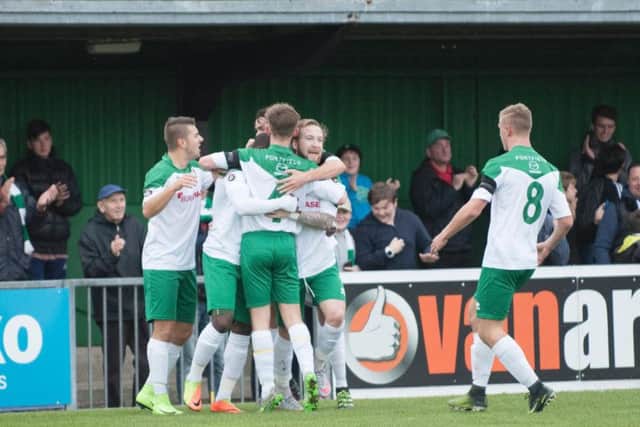 The Rocks celebrate going ahead through Ibra Sekajja's fine goal / Picture by Tommy McMillan