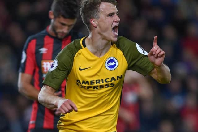 Solly March celebrates scoring his first Premier League goal at Bournemouth in September. Picture by Phil Westlake (PW Sporting Photography)