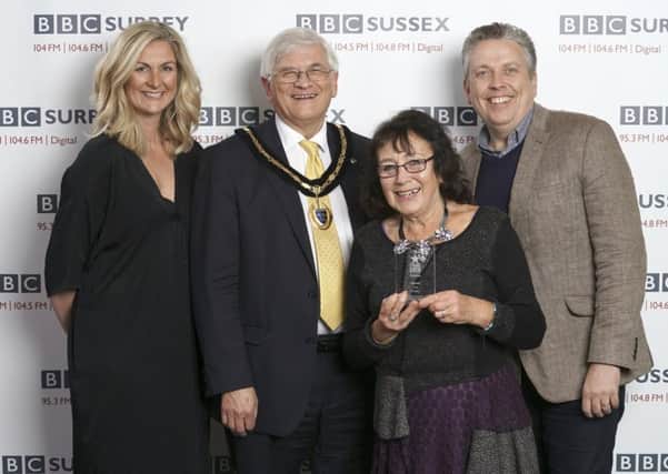 Sue Baumgardt with presenters James Cannon, Lesley McCabe and Peter Martin, chairman of Surrey County Council. Picture supplied by BBC Sussex