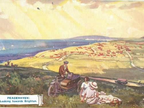 This delightful postcard from circa 1922 is believed to be the work of Gordon Volk, son of Magnus Volk of electric railway fame. Gordon worked for Charles Neville and provided illustrations and artwork for brochures advertising the attractions of living in Peacehaven.