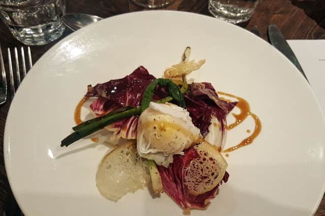 The starter of charred leeks, a poached egg and radicchio
