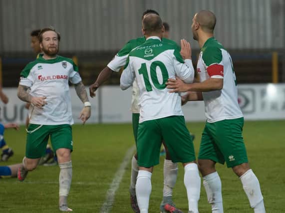 The Rocks celebrate their second goal at St Albans / Picture by Tommy McMillan